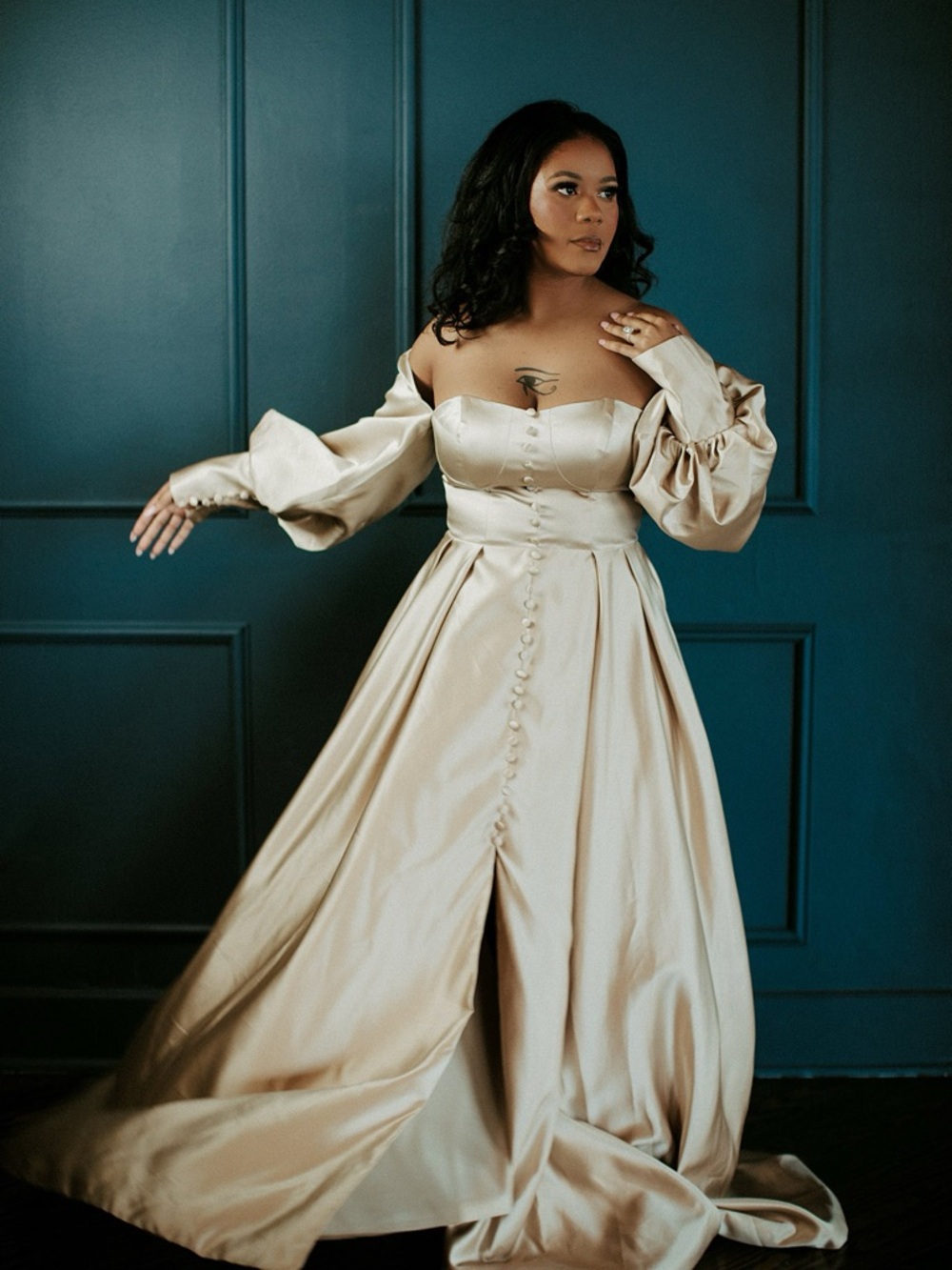 Women's Satin Off-Shoulder Ball Gown Dress in Champagne